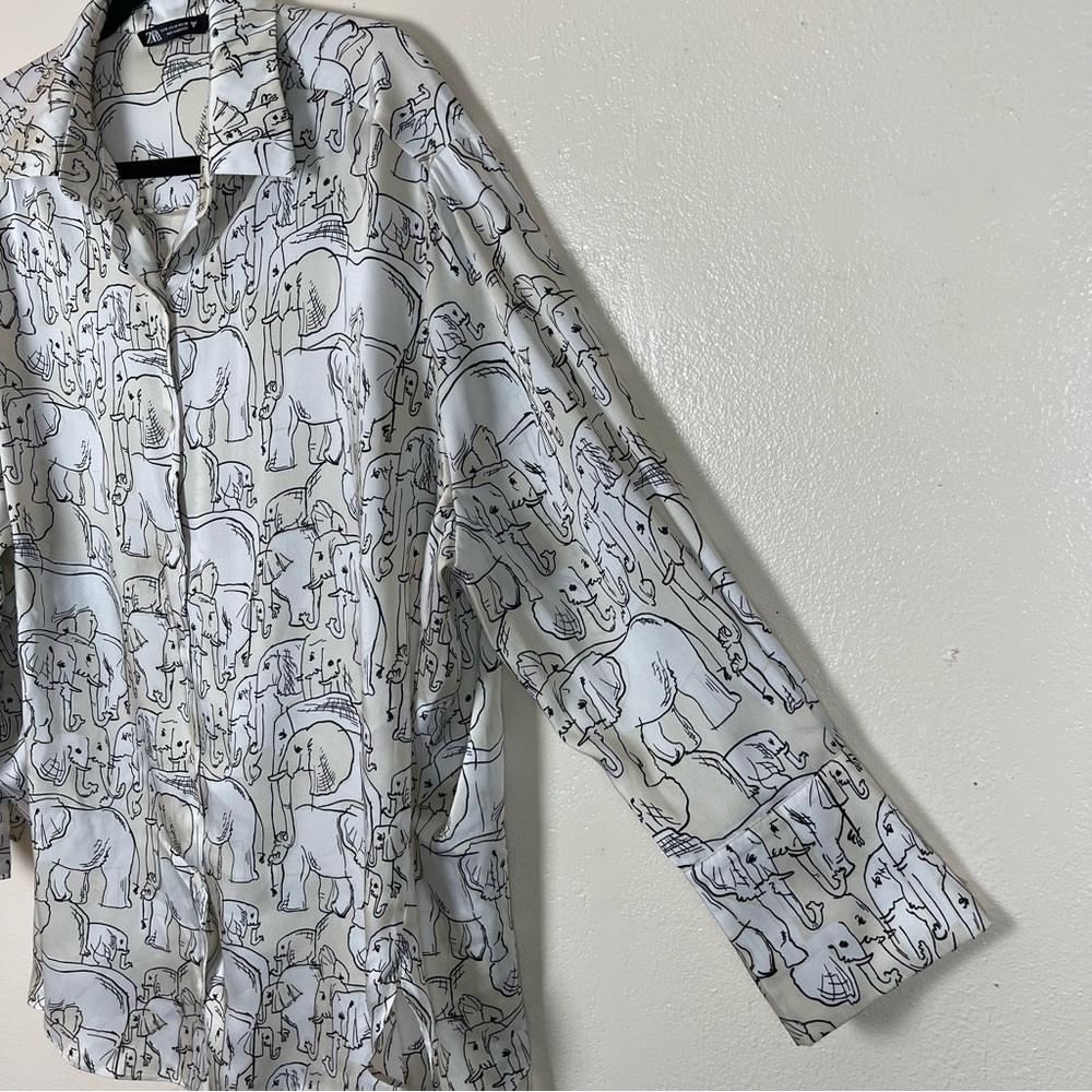 Zara Black, Gray and Cream Graphic Oversized Elephant Print Blouse - Picture 4 of 8